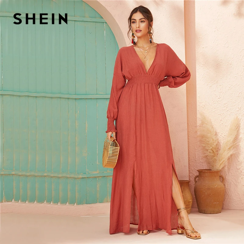 SHEIN с глубоким v-образным вырезом, красное однотонное платье с разрезом на талии, ТРАПЕЦИЕВИДНОЕ платье для женщин, Осеннее праздничное платье с длинным рукавом, женские макси платья в стиле бохо