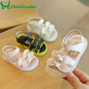 

12-15.5cm Double Butterfly-knot Girls Sandals Child Princess Girls Dress Shoes Black Beige Soft Edging Fashion Casual Sandals