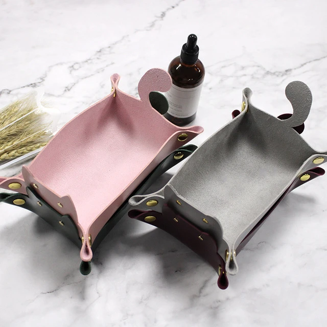 

Leather Tray Cat Shape Storage PU Key Makeup Cosmetic Organizer Folding Storage Box Tray With Velvet Housekeeping Organization