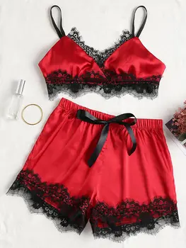

Elegant Woman V-neck Sexy Pajamas Summer Pajamas Lace Shorts Pajamas Pottery Sexy Silky Pyjamas Set Lace Low-cut Halter Pajamas
