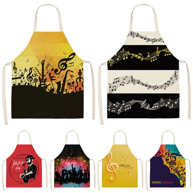 Music Note Kitchen Sleeveless Aprons For Women Cotton Linen Bibs Household Cleaning Pinafore Home Cooking Apron 53*65cm WQL0195