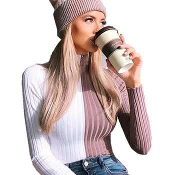 

Women Turtleneck Sweaters 2019 Autumn and Winter Patchwork Pullovers Knitting Clothes Skinny Sexy Cropped Women Fashion Sweater