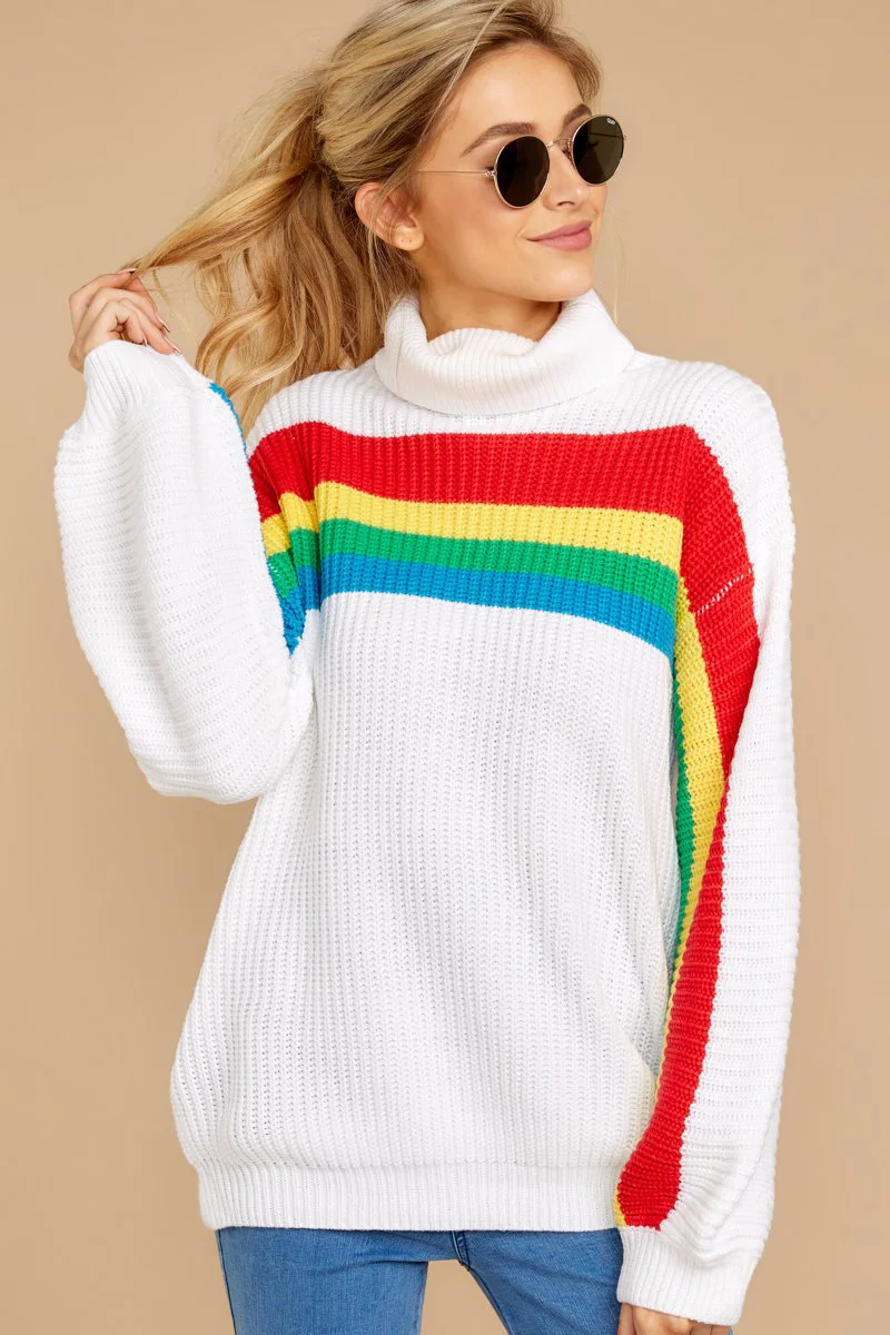 Cena Fitshinling Rainbow paski damskie swetry z golfem odzież zimowa 2019 biały sweter koreański Slim sweter z dzianiny sweter