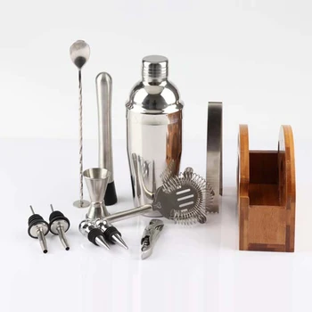 

12pcs Party Crushed Filter Spoon Bar Bamboo Stand Professional Home Stainless Steel Cocktail Shaker Set Ice Clip
