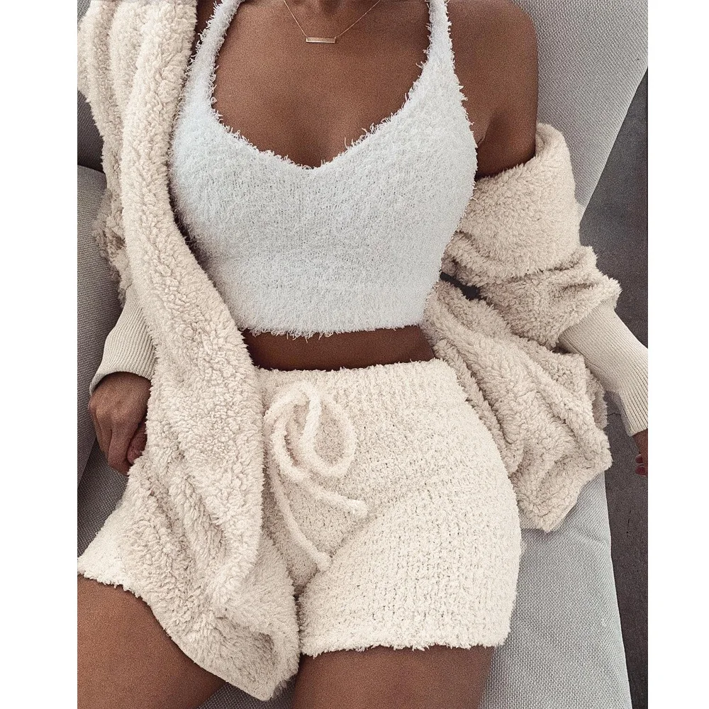 

Echoine Autumn Winter Faux Fur Coat Shorts 2 Piece Set Fur Jacket Female Plush Overcoat Casual Teddy Outwear women matching set