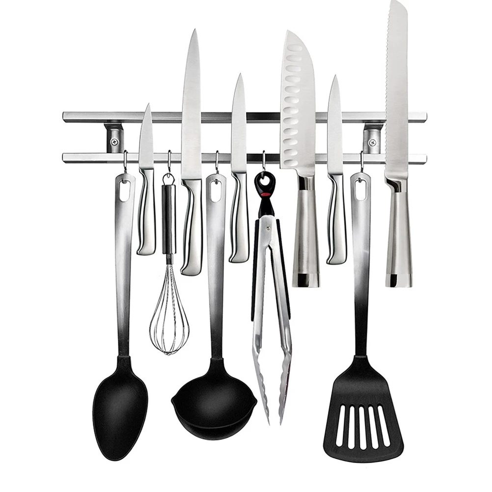 

Wall-mounted Magnetic Knife Holder 304 Stainless Steel Double Bar Storage for Kitchen Knives Utensils and Kitchen Sets Hook 40cm