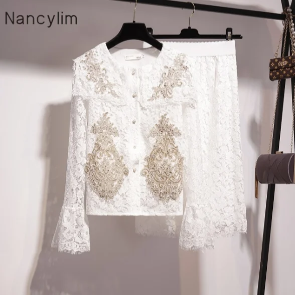 

2019 Spring Autumn Women's Dress Suit Temperament Hollow Out Lace Shirt Blusas + Skirt Two-piece Sets Girls Student Outfit