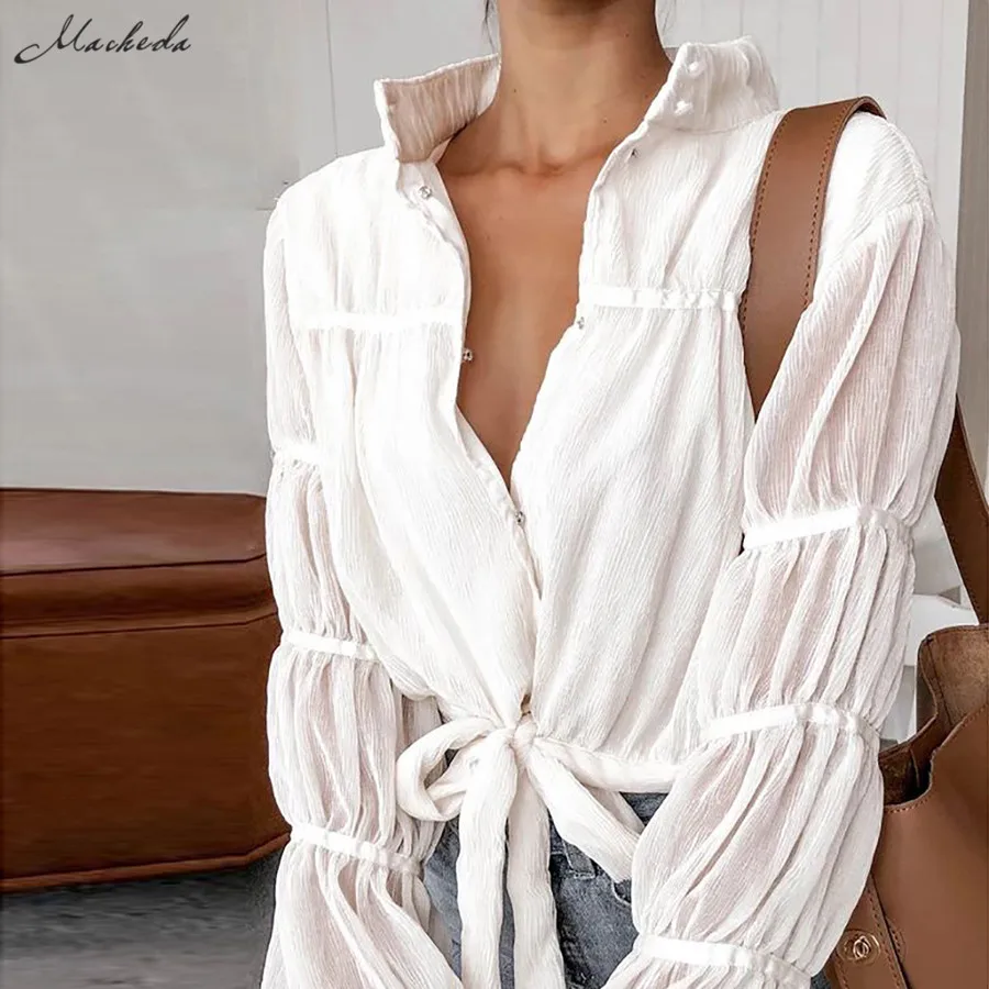 Macheda/белая модная блуза со стоячим воротником женские рубашки со шнуровкой повседневные осенние женские блузы с рукавами «фонарик» Новинка
