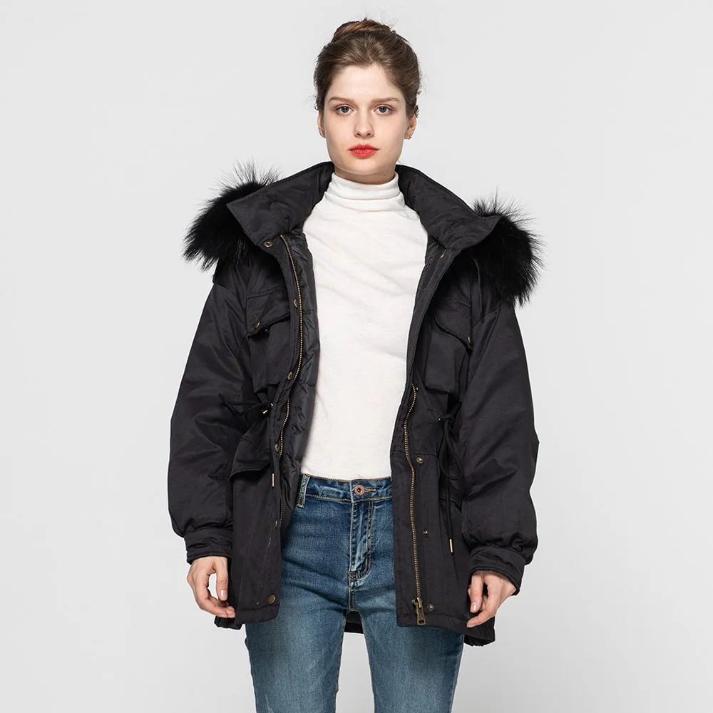 Зимнее пуховое пальто, женское белое пуховое пальто с воротником из натурального меха енота, женская теплая куртка, верхняя одежда большого размера S7623 - Цвет: Black