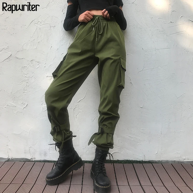 Rapwriter Fashion Drawstring Elastic High Waist Cargo Pants Women Autumn Straight Loose Black Trousers Pantalon Femme Green