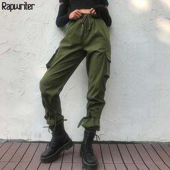 

Rapwriter Fashion Drawstring Elastic High Waist Cargo Pants Women 2019 Autumn Straight Loose Black Trousers Pantalon Femme Green