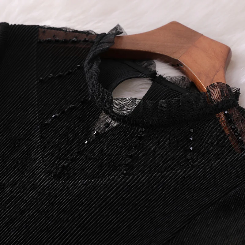 Women fashion autumn winter ruffles dress lace inset long sleeve gothic dress fit and flare cute dresses new black