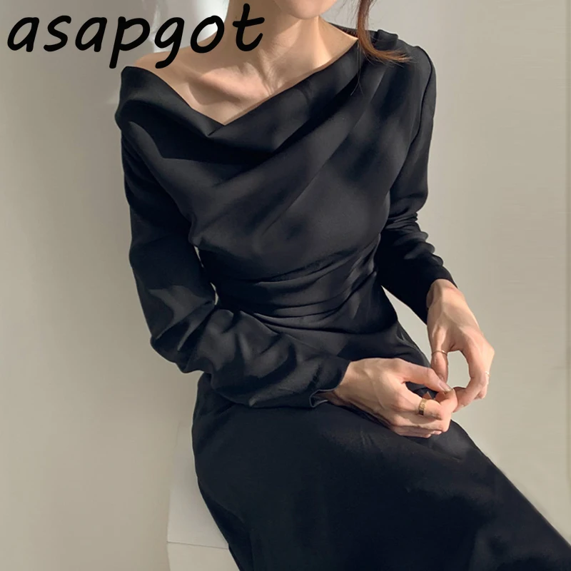 Minimalist Normcore Chic Elegant Slim High Waist Long Sleeve Asymmetrical Dress Women Vestido De Mujer Solid Maxi Bodycon | Женская