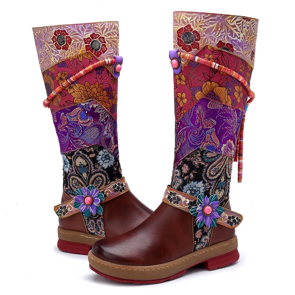 

Round Head Comfortable Leisure Retro Embroidered High Insulated Boots Knee - Length Flat Boots For Women