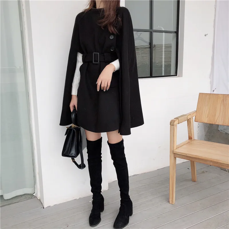 RUGOD Korean New Style Solid Color Loose Cape Coat Collect Waist Woolen Medium Long Coat Women Winter Tops For Woman