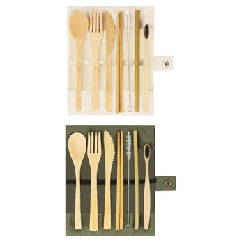 

2 Sets of Bamboo Cutlery, Travel Reusable Cutlery Set, Outdoor Portable Environmental Cutlery Set with Bamboo Knife, Fork, Spoon