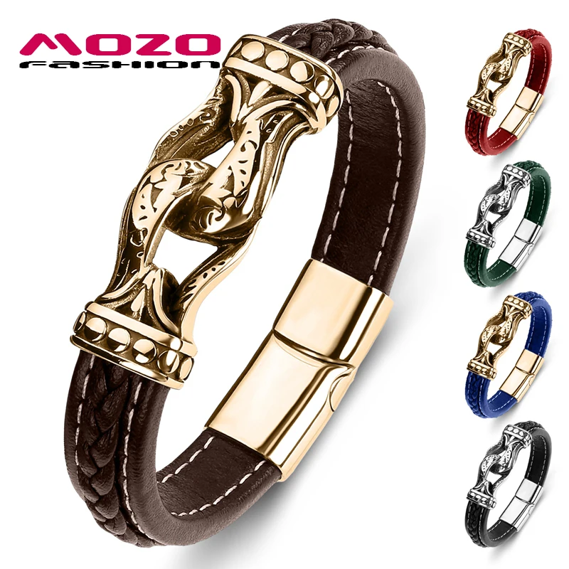 MOZO FASHION Wholesale Punk Men Multi Color Genuine Leather Stainless Steel High Quality Handmade Gift For Cool Boy  Jewelry 081