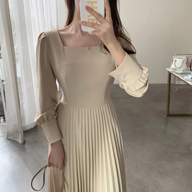 Korean Long Sleeve Dress Pleated French Temperament Gentle Age Reduction Square Neck Bubble Waist Closing | Женская одежда