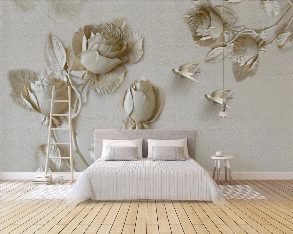 

Dropship Custom 3d Wall Murals Golden Embossed Roses Birds Wallpaper Balcony Living Room Hotel Background Wall Paper