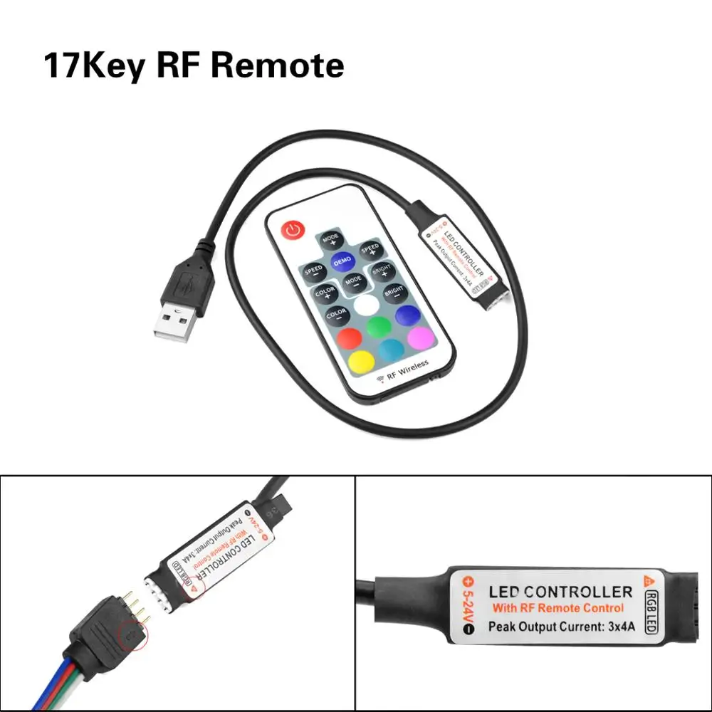 Светодиодный ленты 5 вольт rgb-контроллер USB ИК RF пульт дистанционного управления 3 ключа 17 ключ с 24-мя клавишами удаленный беспроводной контроллер 5В питание от USB светодиодный полосы света