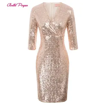 

Belle Poque Sexy Fashion Women's Sparkling Sequins Slim Bodycon Pencil Dress 3/4 Sleeve Solid Color V-Neck Hips-wrapped Dress