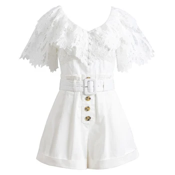 

HIGH QUALITY Newest Fashion Runway 2020 Designer Jumpsuit Women's V-Neck Ruffles Lace Sashes short Jumpsuit