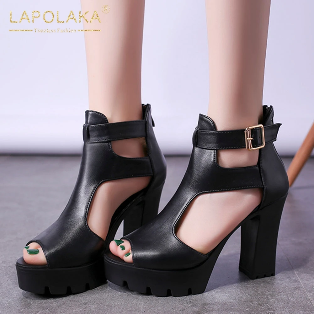 

Lapolaka Hot Sale 2020 Dropship Peep Toe Zip Up Summer Sandals Woman Shoes Chunky High Heels Black Shoes Women Sandals