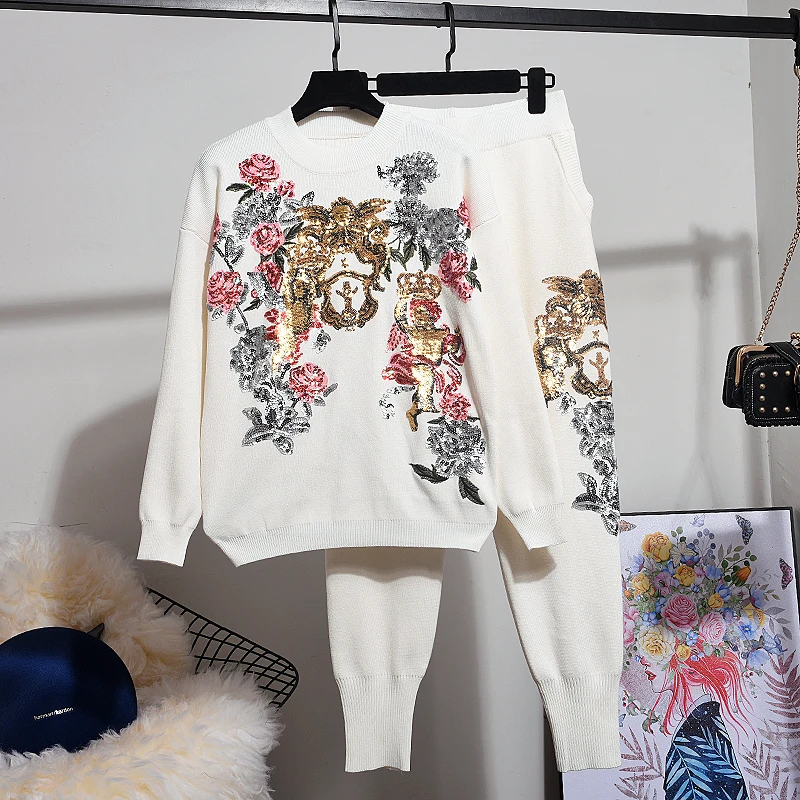 New Autumn Winter Tops Women Pants Set Korean Sequin Embroidery Flower Loose knitted Sweater + Harem Pants Two Piece Set Women New Autumn Winter Tops Women Pants Set Korean Sequin Embroidery Flower Loose knitted Sweater + Harem Pants Two Piece Set Women