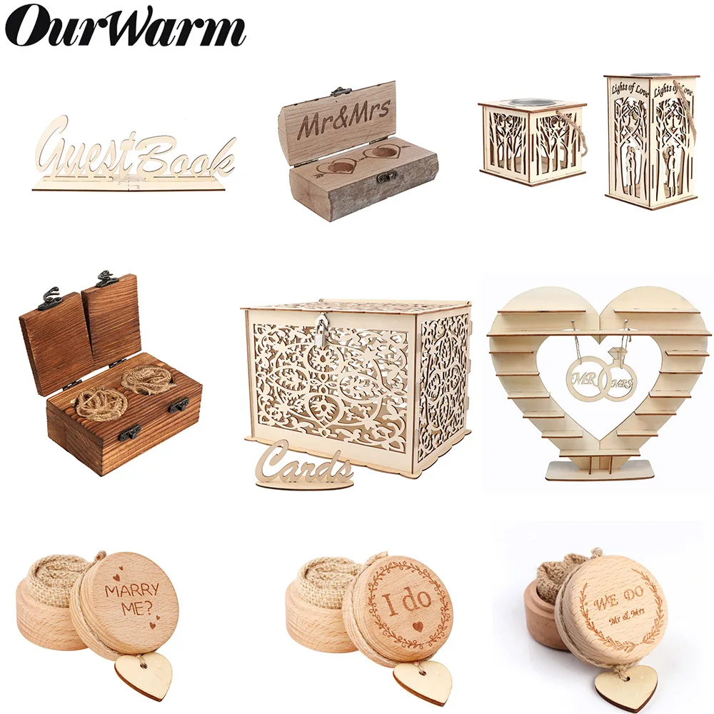 OurWarm Rustic Wedding Decoration Heart Tree Guest Book Chocolate Stand Ring Box Wooden Card Box with Lock Vintage Wedding Gifts