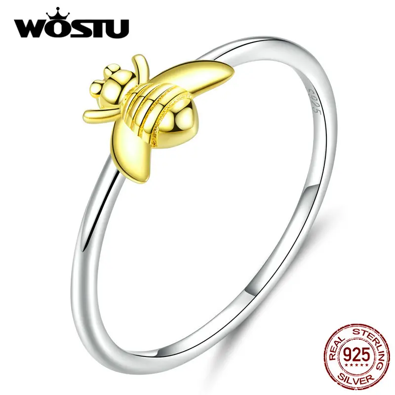 WOSTU 100% Настоящее Стерлинговое Серебро 925 пробы милое кольцо пчелы для женщин свадебные кольца золотого цвета
