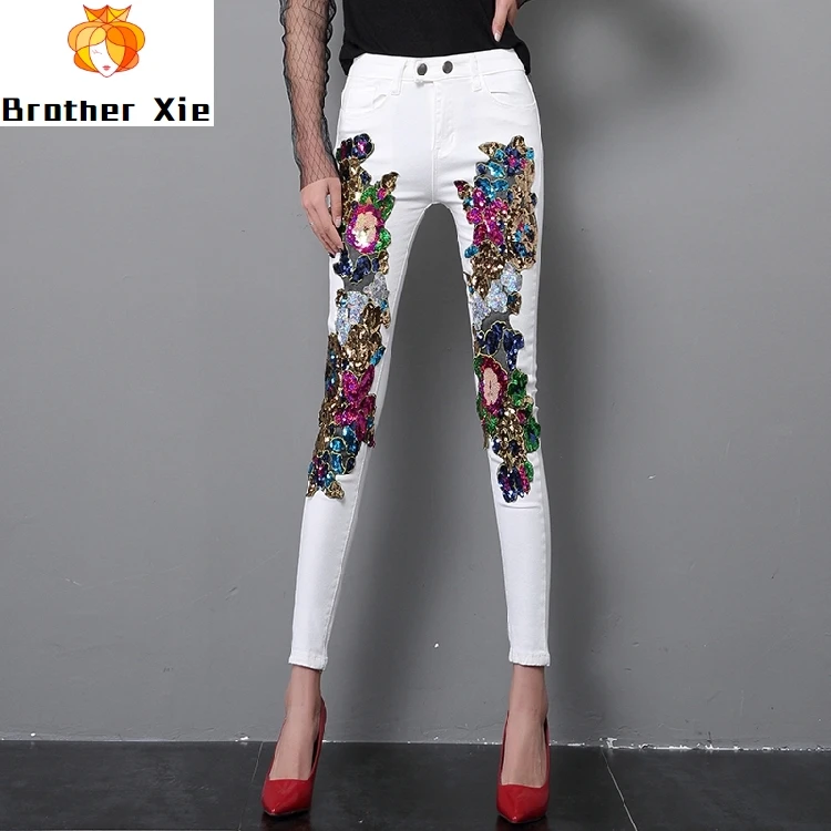 

Spring and Summer Women's Sequins White Denim Pants Slim All-match Basic Pencil Pants Student Stretch Jeans Trousers