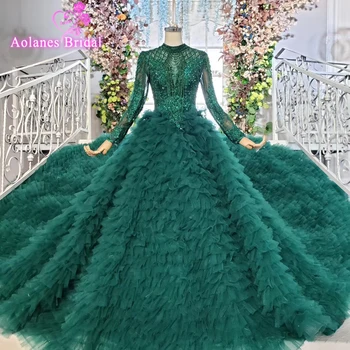 شراءالطبقة طبقة التنانير طويل قطار الأخضر الكرة ثوب فساتين الزفاف 2019 الكشكشة الزفاف ثوب زفاف تول Tessal الزفاف فساتين