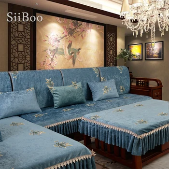

Green blue light coffee color maple leaf embroidery chenille sectional non-slip sofa cover housse canapé copri divano SP6149