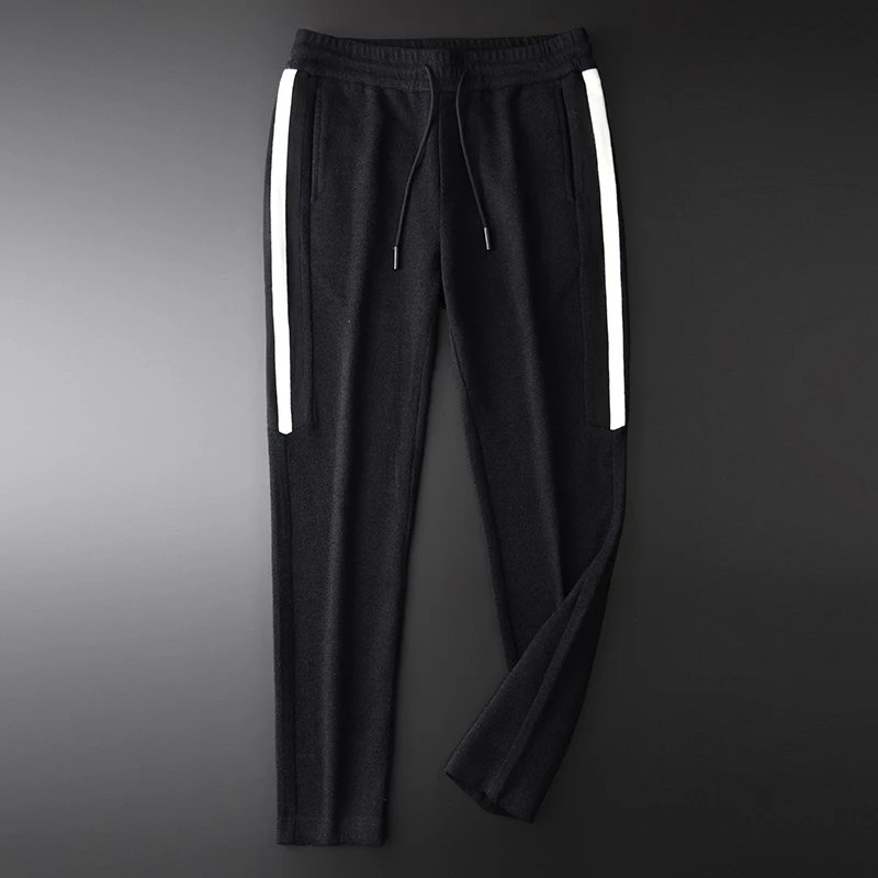 Толстые мужские брюки Роскошные боковые ленты опрокидывание Slim Fit Мужские брюки осень и зима эластичный пояс черные бархатные мужские брюки