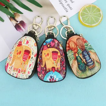 

Men Women Leather Car Key Holder Cartoon Printing Keychain Wallet Case Pouch Purse Key Bag