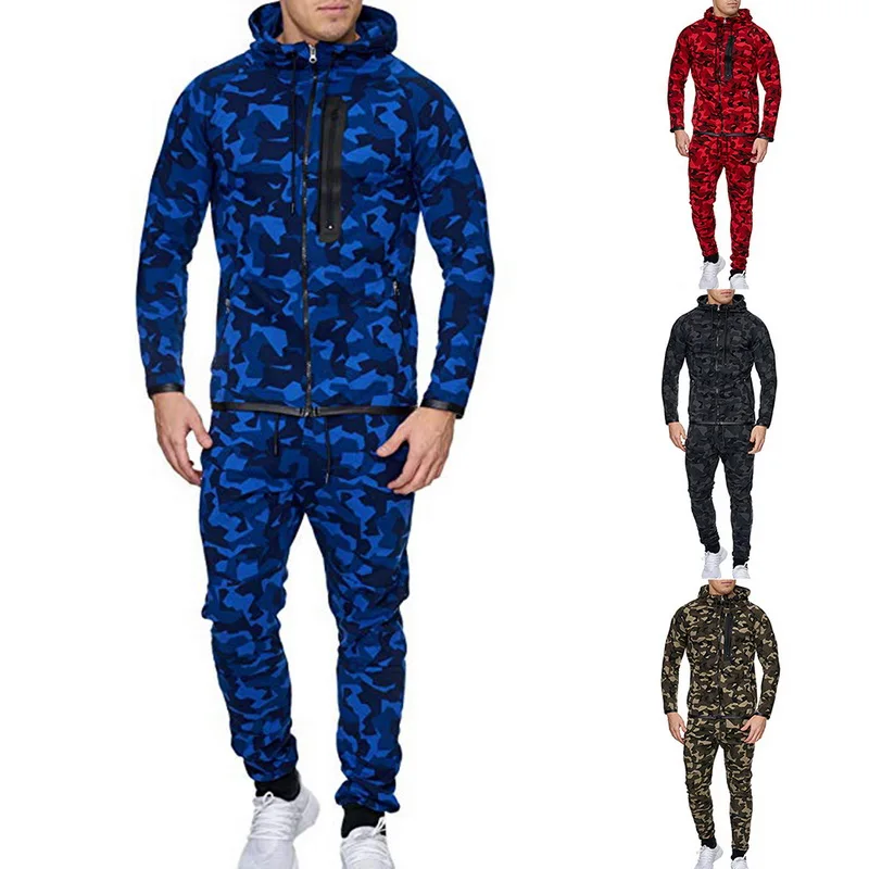 Спортивный костюм из 2 предметов для мужчин, камуфляжный принт, Ropa Hombre, комплект, на молнии, с карманами, толстовки, куртки+ карандаш, для бега, Homme, повседневные комплекты