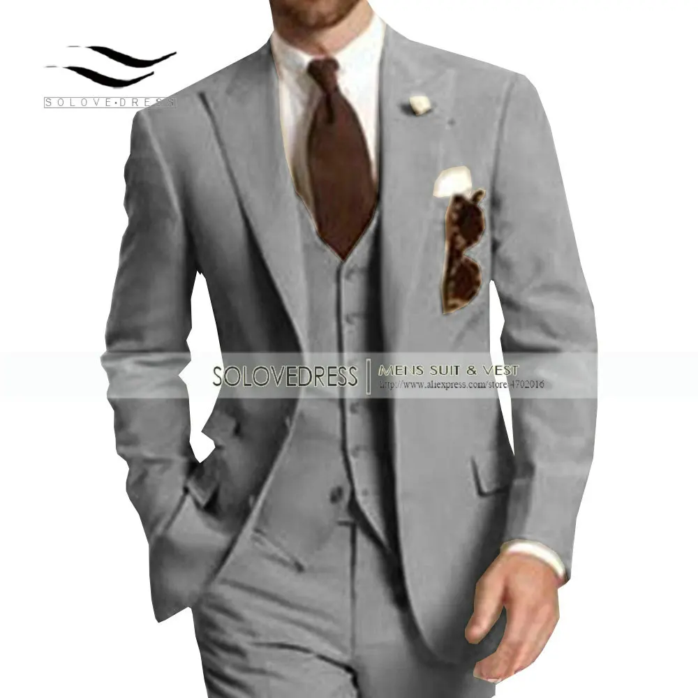 Модный мужской костюм из 3 предметов с v-образным вырезом, смокинги с отворотом для отдыха, мужские свадебные костюмы(пиджак+ брюки+ жилет - Цвет: Grey