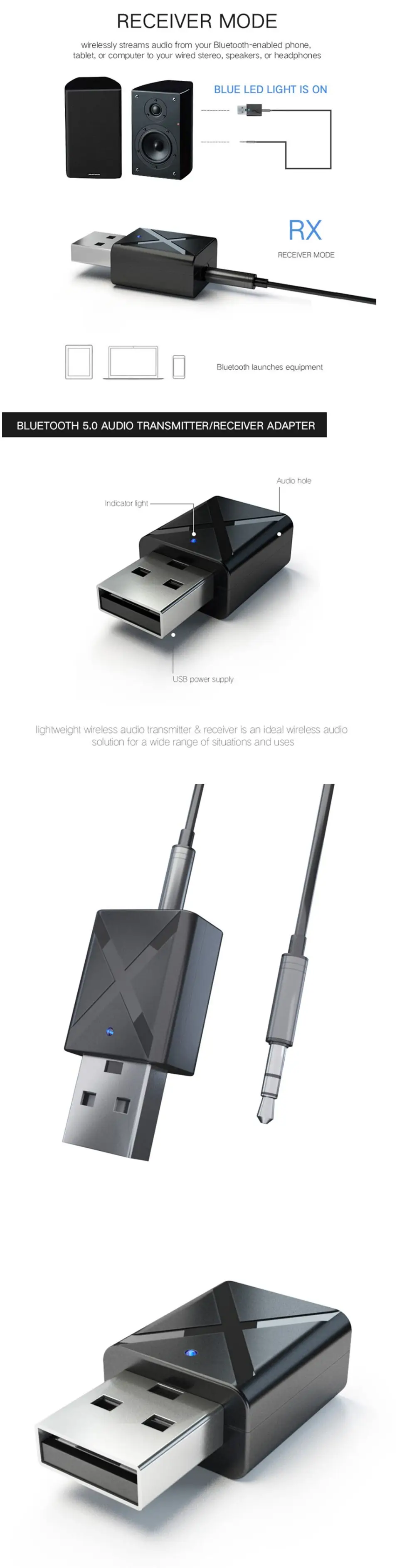 2 в 1 USB bluetooth 5,0 приемник адаптер беспроводной аудио адаптер заглушка передатчика мини USB для домашнего ТВ Heaphone динамик