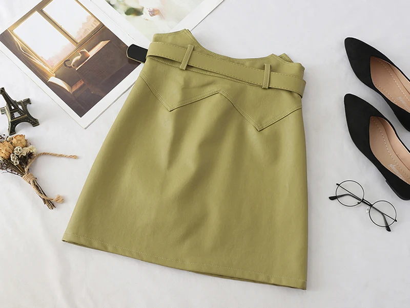 YuooMuoo осенний ассиметричный, с высокой талией Женская юбка из искусственной кожи Женская мини-юбка офисная Элегантная короткая зеленая юбка