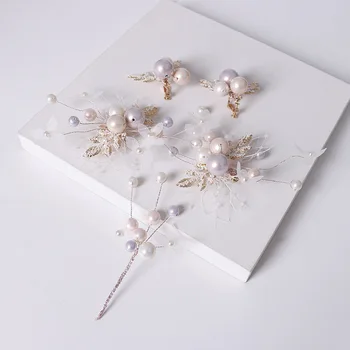 

Sequin Leaf Twisted big Pink imitation Pearl barrettes earrings sets Small Flowers Hair Clip wedding hair jewelry