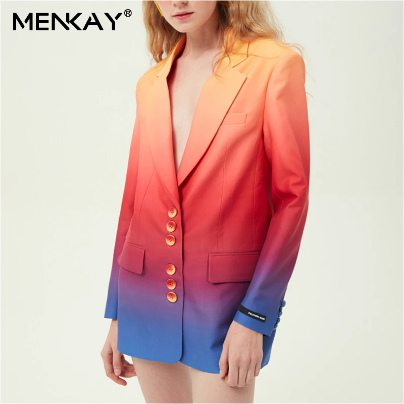 

[MENKAY] Gradient Women's Blazer Notched Collar Long Sleeve Single Breasted Korean Streetwear Coat Female 2019 Autumn Fashion