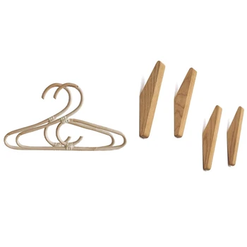 

4Pcs Natural Wood Coat Hook Clothes Hanger with 2Pcs Rattan Clothes Hanger Nordic Style Kids Garments Organizer Rack