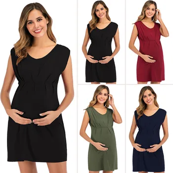 

Maternity Dresses Pregnancy Nursing Dress одежда для беременных Summer Solid Waist Sleeveless Round Neck Knit Dress Free Ship