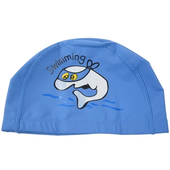 

Unisex Children Kids Breathable Swimming Hat Waterproof Hair Care Ear Protection Swim Cap Polyester Cartoon Dolphin Patterns blu