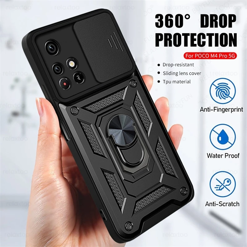 slide camera shockproof armor case for xiaomi mi pocophone poko pocco little pocom4 poco m 4 m4 pro m4pro 5g nfc nfs stand cover