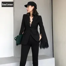 

Black Suits Coat Womens Spring Autumn New France Style Design Korean Lace Spliced Single Button Slim Blouse Female Outerwear