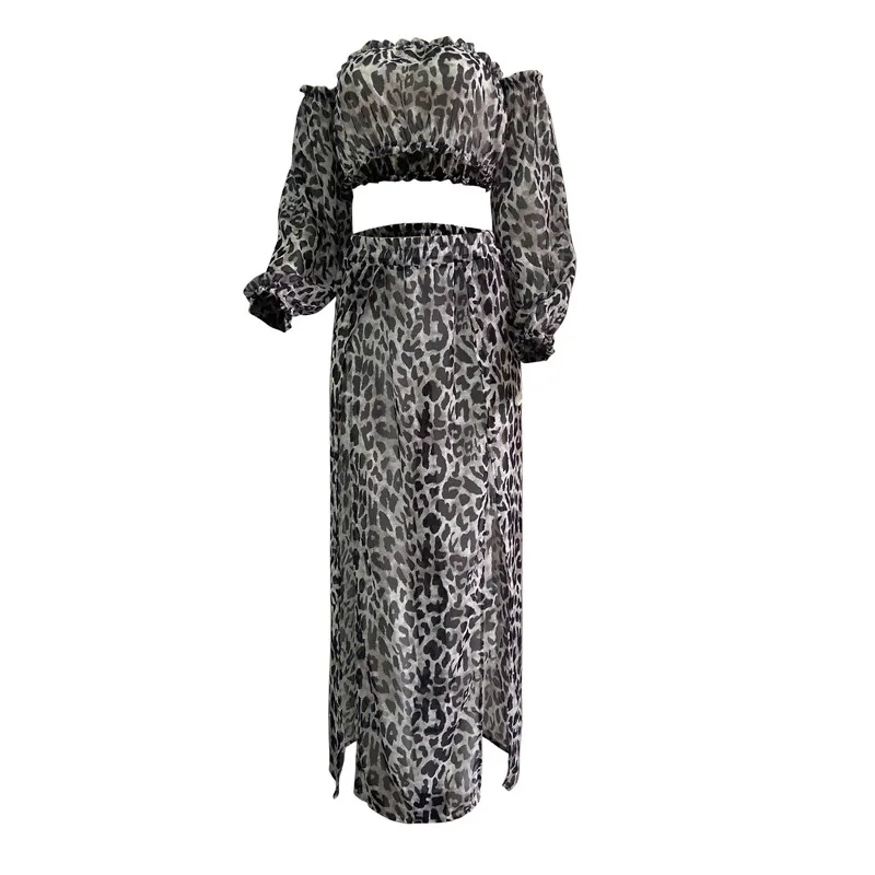 Women Beach 2pcs Leopard Bikini Cover-Ups Swimsuit Off Shoulder Top High Waist Beach Dresss Sexy Ladies Bikini Cover Up Beach cover Swimsuit cover Beach dress