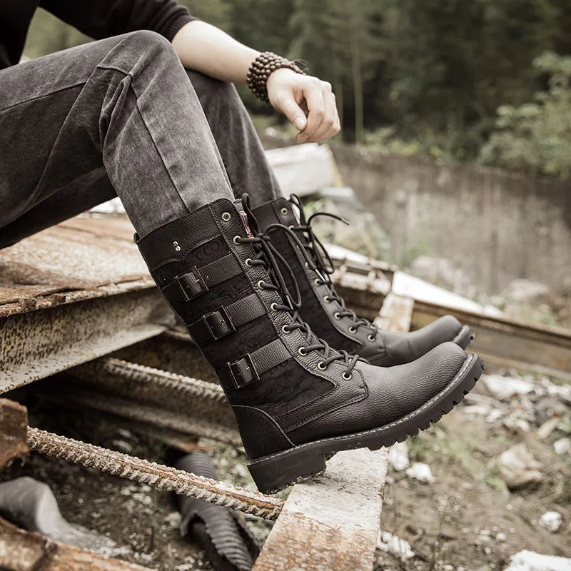 Rock Shoes Mens Punk Boots Black Combat Military High Bot Lace Up Army Shoes Metal Buckle Mid Calf