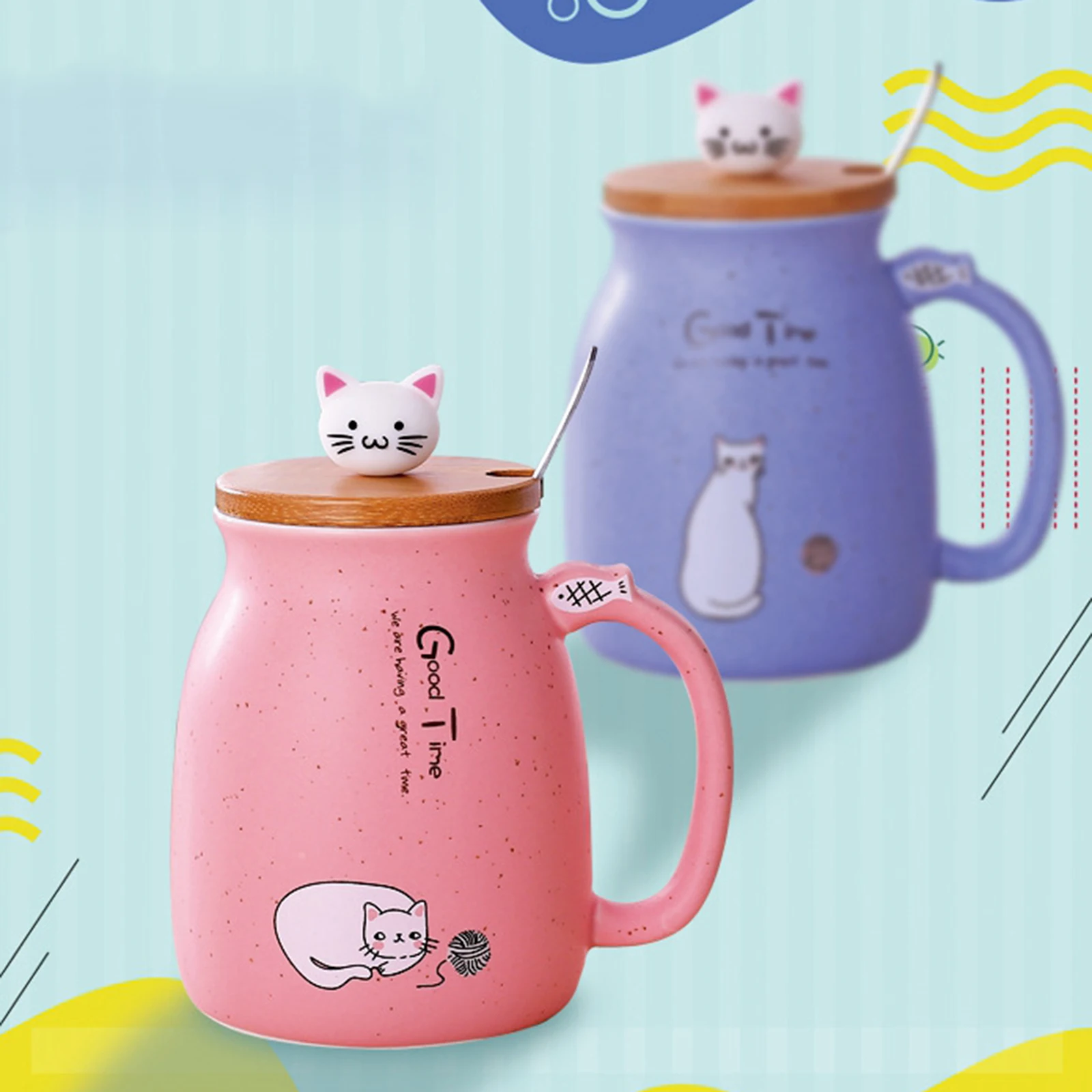 Cute Cat Ceramic Cup Hot Cold Tea Cup Milk Coffee Mug with Spoon Lid Pink