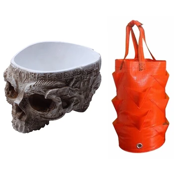 

New-1 Pcs Creative Flowerpot Hand Carved Skull Flower Pot Bowl & 1Pcs Hanging Strawberry Tomato Planter Grow Bags